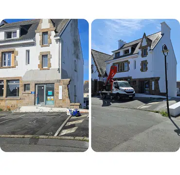 Ravalement de façade d'une agence Crédit Agricole, travaux réalisés à la nacelle