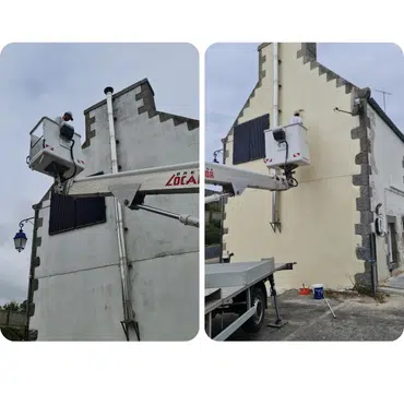 Ravalement de façade d'un angle en pierre, travaux réalisés à la nacelle