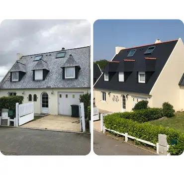Ravalement de façade d'une maison à lucarnes et clôture blanche