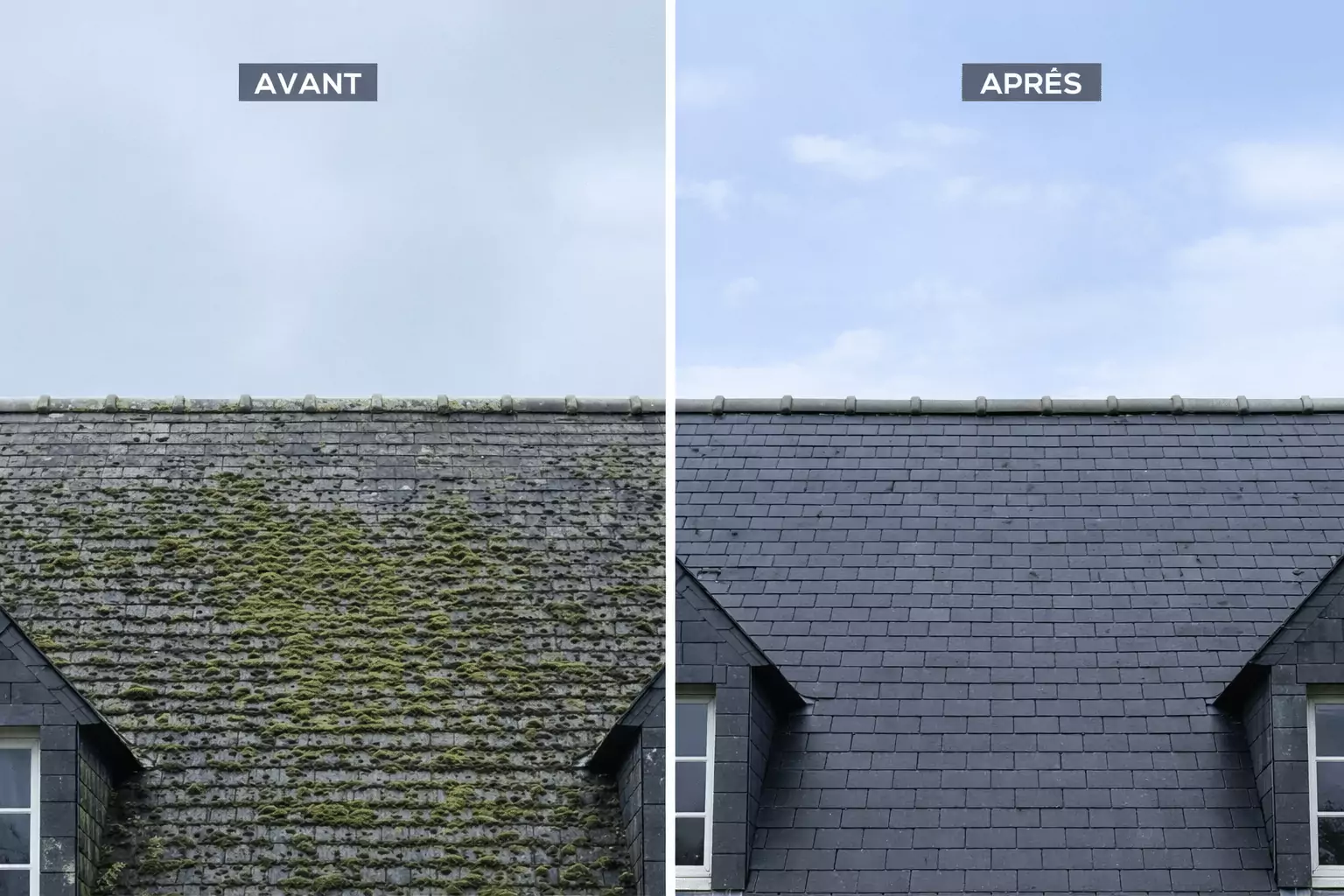 Démoussage toiture avant après