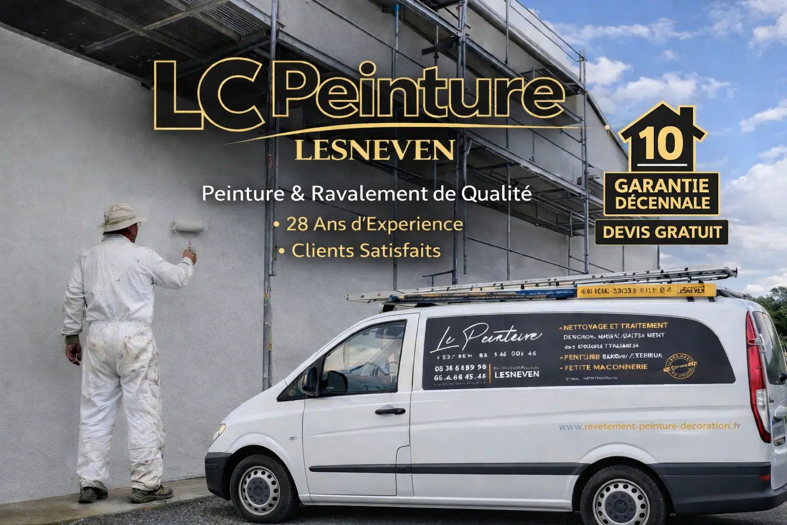 Peintre appliquant de la peinture sur une façade près de la camionnette LC Peinture