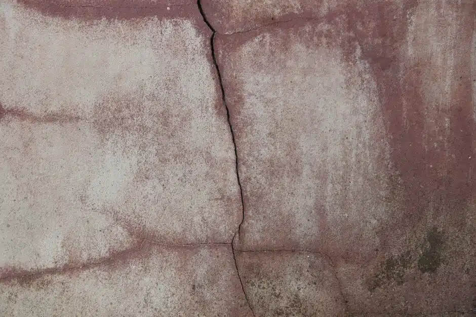 Fissure sur un mur de façade rose délavé