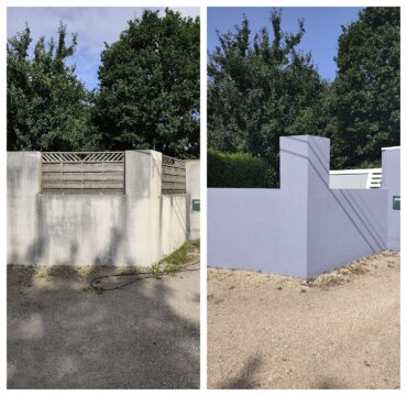 Mur de clôture repeint avant/après à Saint-Derrien (29), vue entrée - LC Peinture