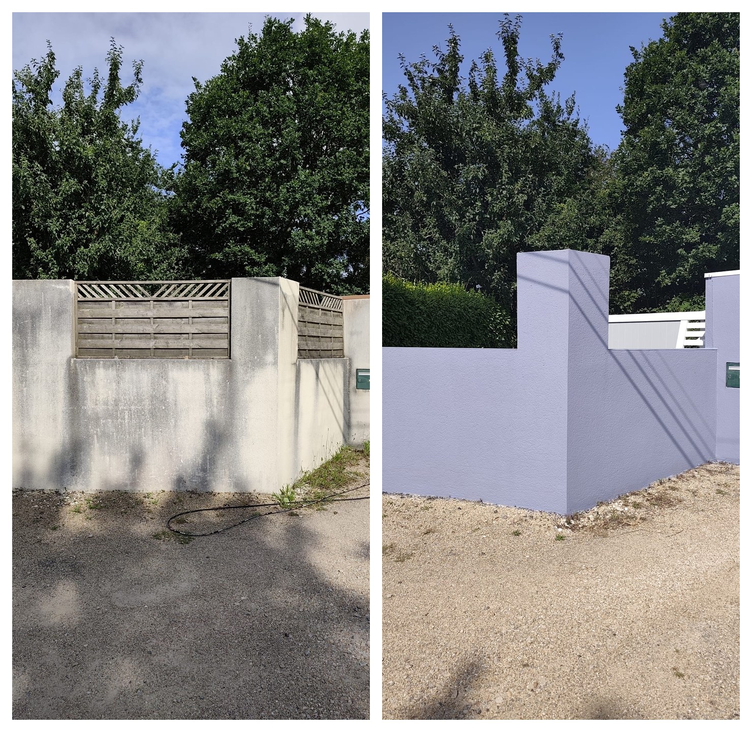 Peinture mur de cloture a Saint-Derrien – avant / apres (entree)