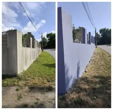 Mur de clôture repeint avant/après à Saint-Derrien (29), vue depuis la route - LC Peinture