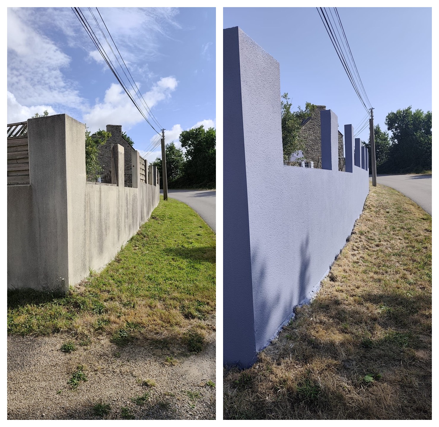 Peinture mur de cloture a Saint-Derrien – avant / apres (route)